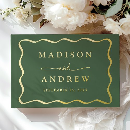 Modern Green and Gold Wavy Frame Photo Wedding Foil Guest Book