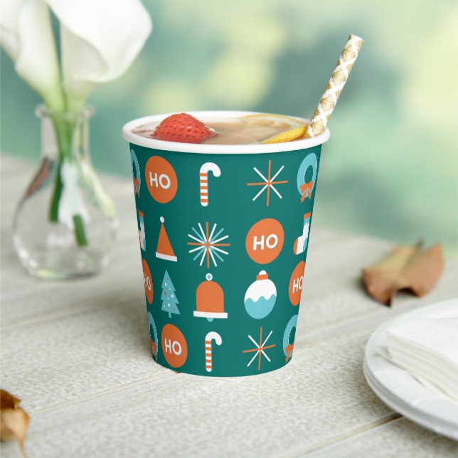 Modern Green and Orange Christmas Symbols Pattern Paper Cups (Insitu)