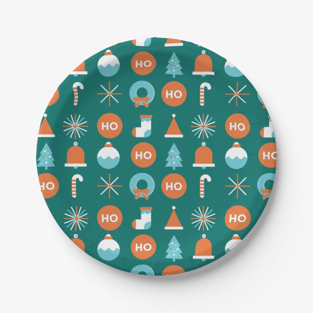 Modern Green and Orange Christmas Symbols Pattern Paper Plates (Front)
