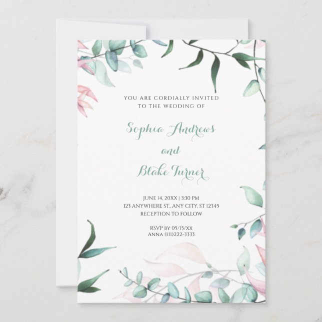 modern Green and Pink Garden Leave Wedding  Invitation (Front)
