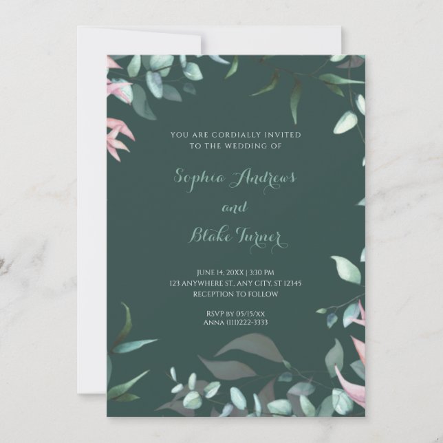 Modern Green and Pink Garden Leaves Wedding Invitation (Front)