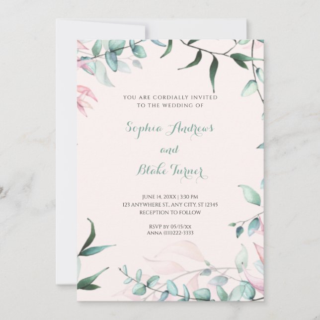 Modern Green and Pink Garden Leaves Wedding Invitation (Front)