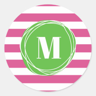 Modern Green And Pink Stripes Monogram Classic Round Sticker