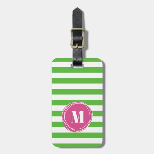 Modern Green And Pink Stripes Monogram Luggage Tag
