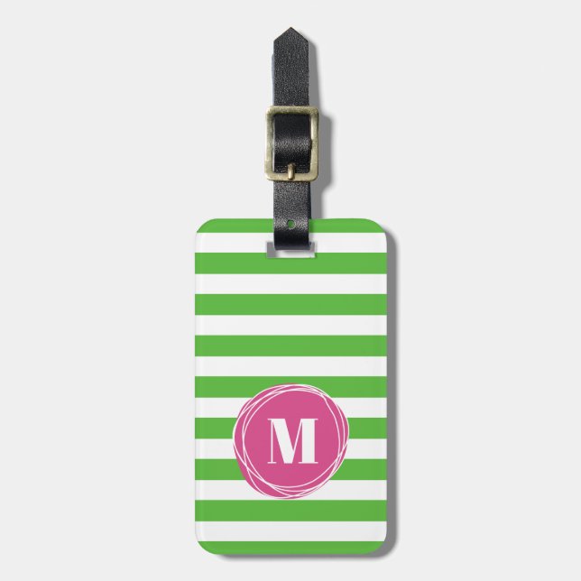Modern Green And Pink Stripes Monogram Luggage Tag (Front Vertical)