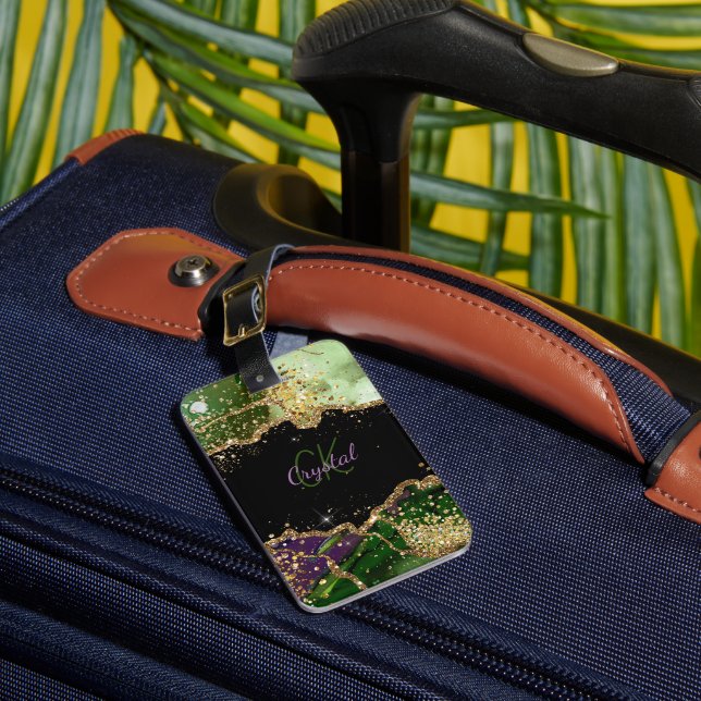 Modern Green and Purple Glitter Agate  Luggage Tag (Front Insitu 1)