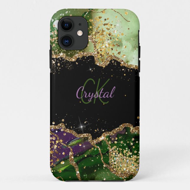 Modern Green and Purple Glitter Agate Monogram Case-Mate iPhone Case (Back)
