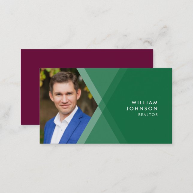 Modern Green and Purple Layered Geometric Photo Business Card (Front/Back)