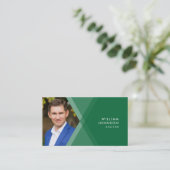Modern Green and Purple Layered Geometric Photo Business Card (Standing Front)