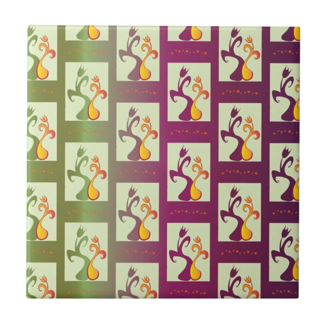 Modern Green and purple Tulip Couple pattern Ceramic Tile (Front)