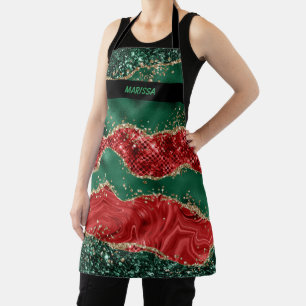 Modern Green and Red Glitter Christmas Name Apron