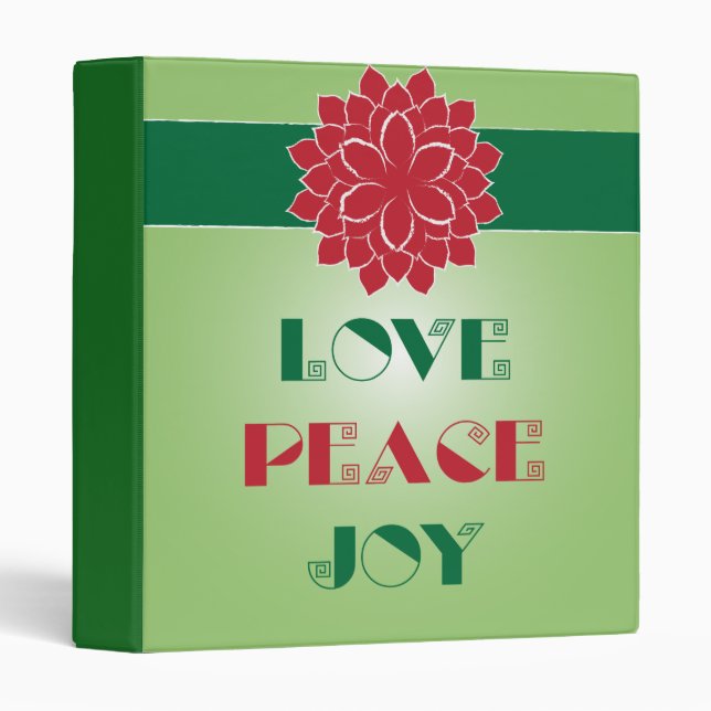 Modern Green and Red Love, Peace, Joy quote 3 Ring Binder (Front/Spine)
