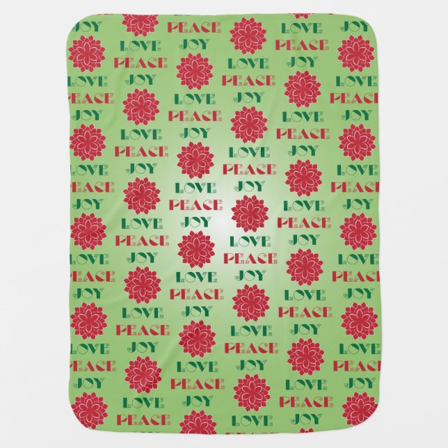 Modern Green and Red Love, Peace, Joy quote Baby Blanket (Front)