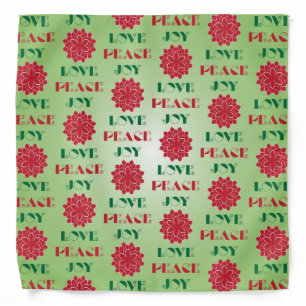 Modern Green and Red Love, Peace, Joy quote Bandana