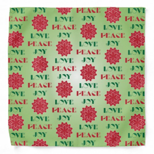 Modern Green and Red Love Peace Joy quote Bandana