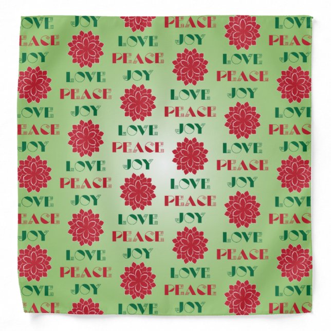 Modern Green and Red Love, Peace, Joy quote Bandana (Front)