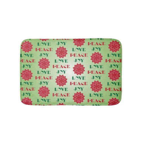 Modern Green and Red Love Peace Joy quote Bath Mat