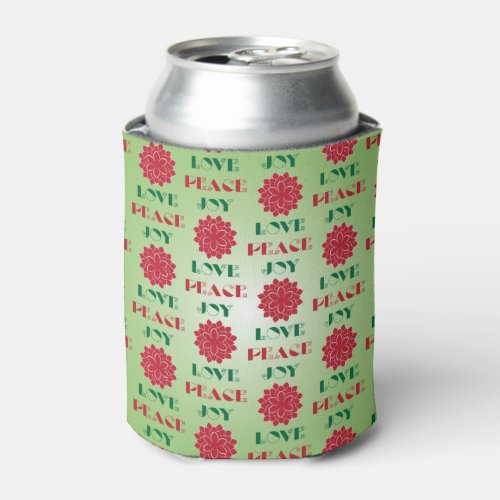 Modern Green and Red Love Peace Joy quote Can Cooler