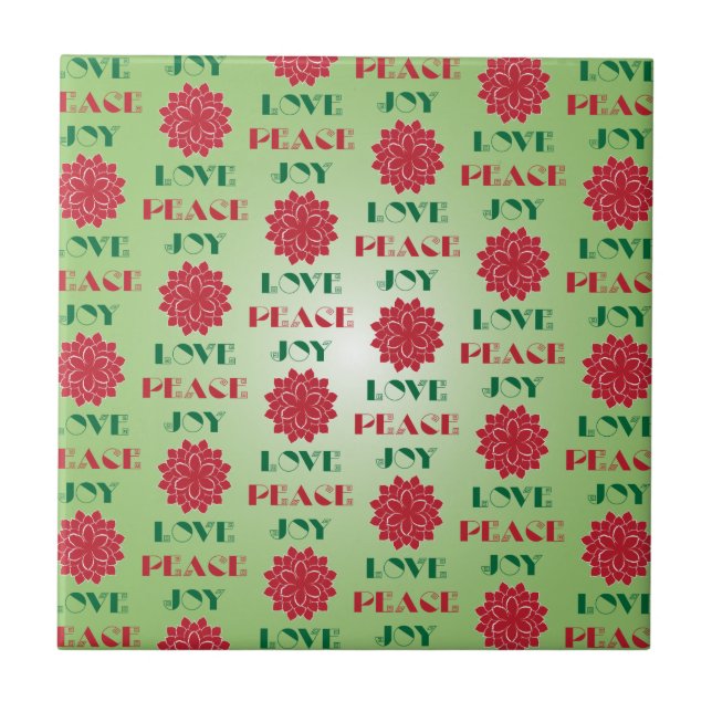 Modern Green and Red Love, Peace, Joy quote Ceramic Tile (Front)