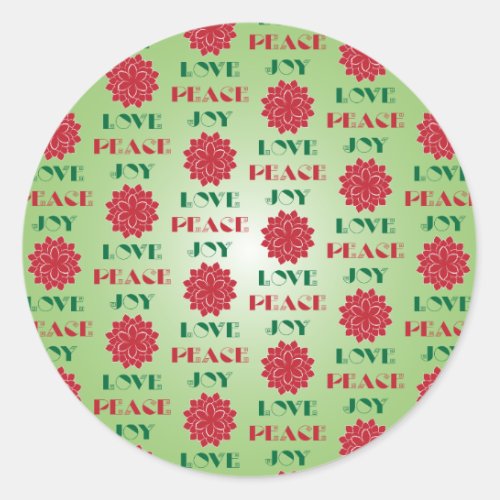 Modern Green and Red Love Peace Joy quote Classic Round Sticker