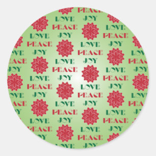 Modern Green and Red Love, Peace, Joy quote Classic Round Sticker