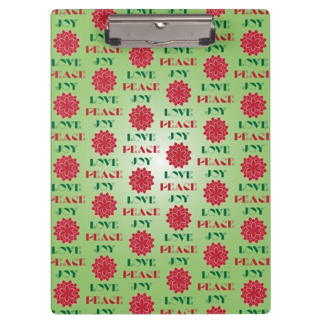 Modern Green and Red Love, Peace, Joy quote Clipboard (Front)