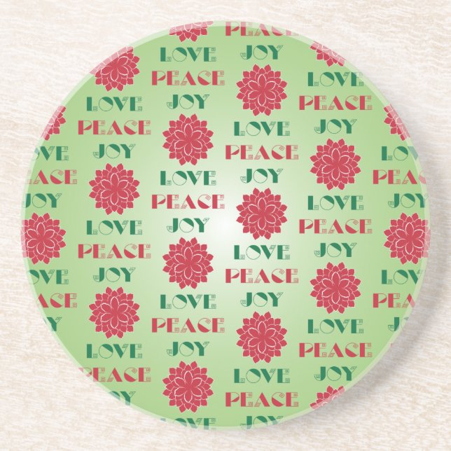Modern Green and Red Love, Peace, Joy quote Drink Coaster (Front)