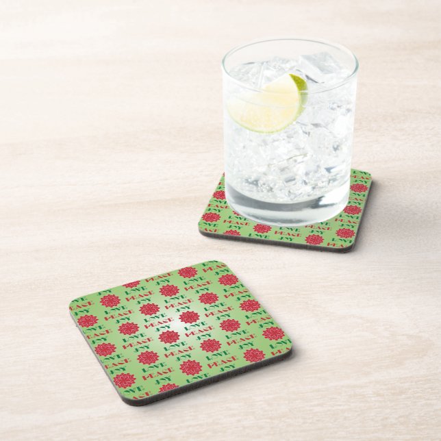 Modern Green and Red Love, Peace, Joy quote Drink Coaster (Right Side)