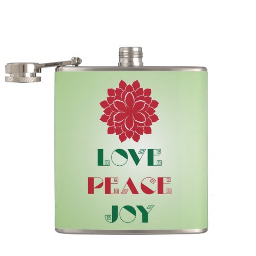 Modern Green and Red Love Peace Joy quote Hip Flask