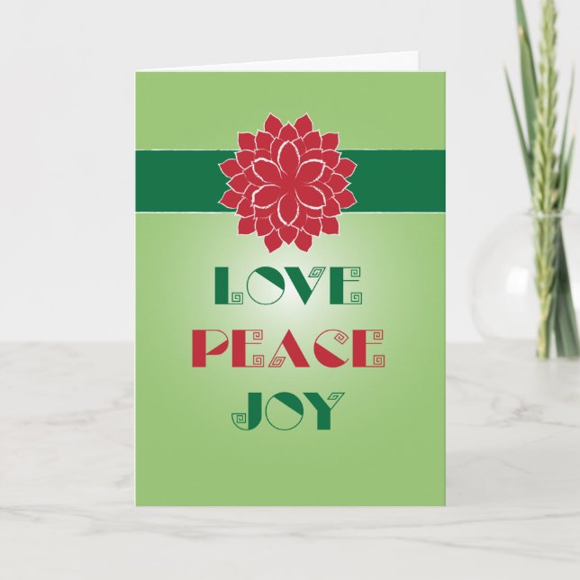 Modern Green and Red Love, Peace, Joy quote Holiday Card (Front)