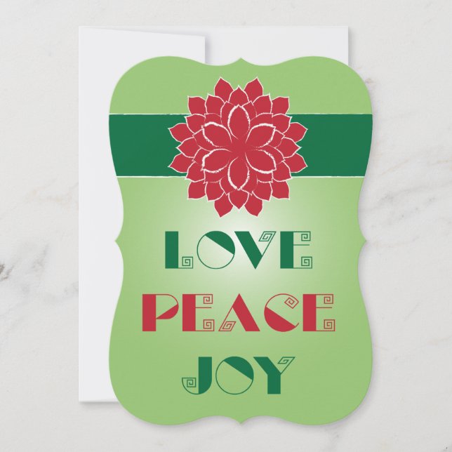 Modern Green and Red Love, Peace, Joy quote Holiday Card (Front)
