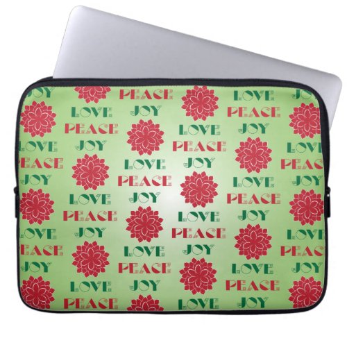 Modern Green and Red Love Peace Joy quote Laptop Sleeve