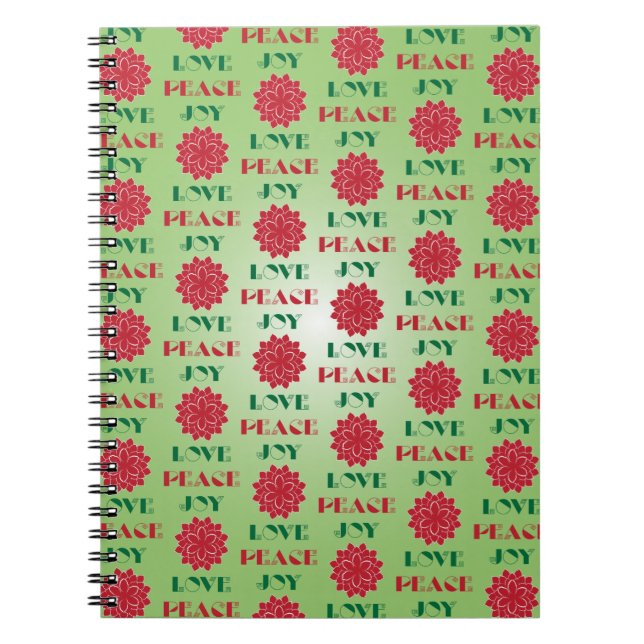 Modern Green and Red Love, Peace, Joy quote Notebook (Front)