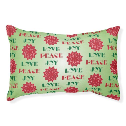 Modern Green and Red Love Peace Joy quote Pet Bed