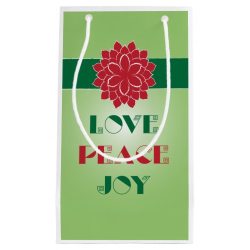 Modern Green and Red Love Peace Joy quote Small Gift Bag