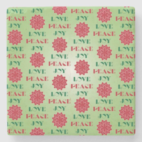 Modern Green and Red Love Peace Joy quote Stone Coaster