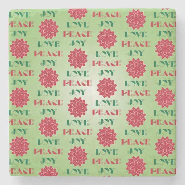 Modern Green and Red Love, Peace, Joy quote Stone Coaster (Front)