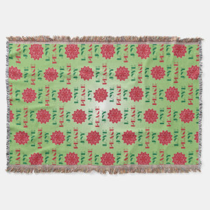 Modern Green and Red Love, Peace, Joy quote Throw Blanket