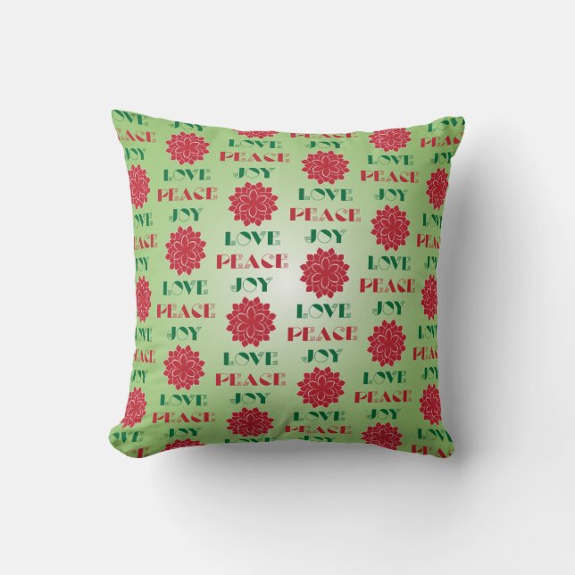 Modern Green and Red Love, Peace, Joy quote Throw Pillow (Front)
