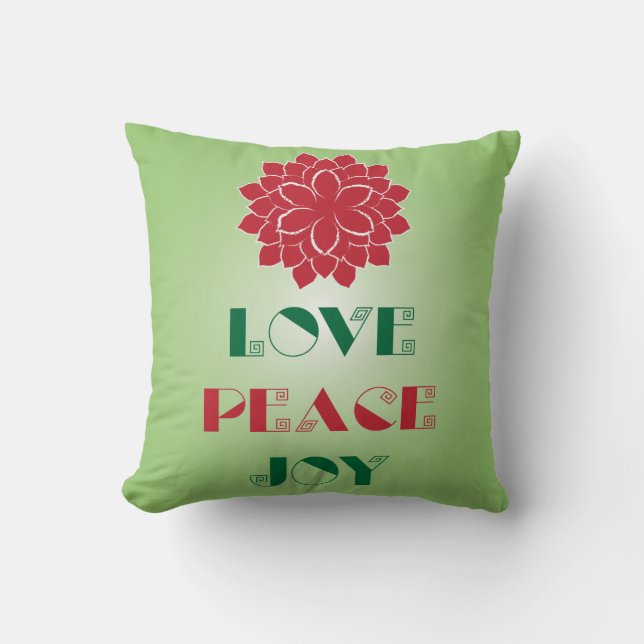 Modern Green and Red Love, Peace, Joy quote Throw Pillow (Front)
