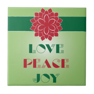 Modern Green and Red Love, Peace, Joy quote Tile