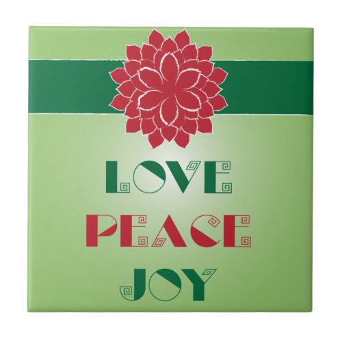 Modern Green and Red Love Peace Joy quote Tile
