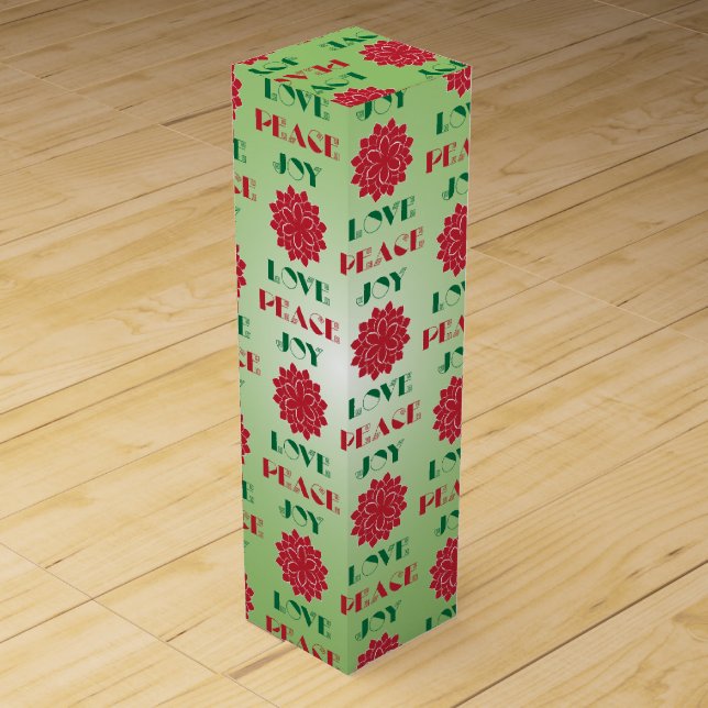 Modern Green and Red Love, Peace, Joy quote Wine Gift Box (Front)