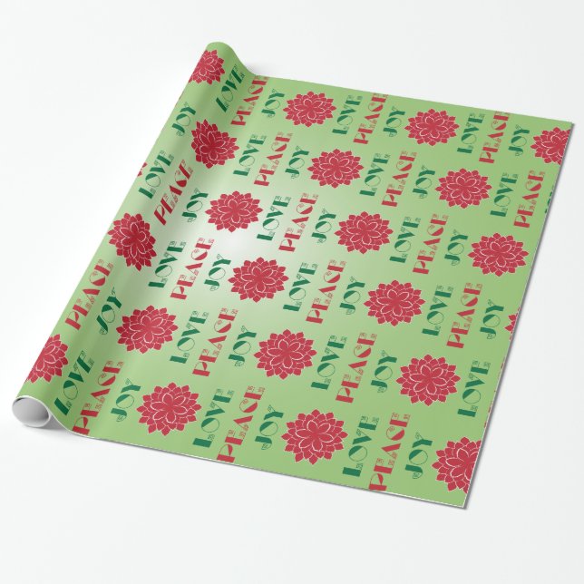 Modern Green and Red Love, Peace, Joy quote Wrapping Paper (Unrolled)