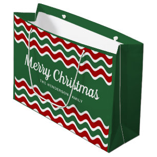 Modern Green And Red Stripes Merry Christmas Large Gift Bag