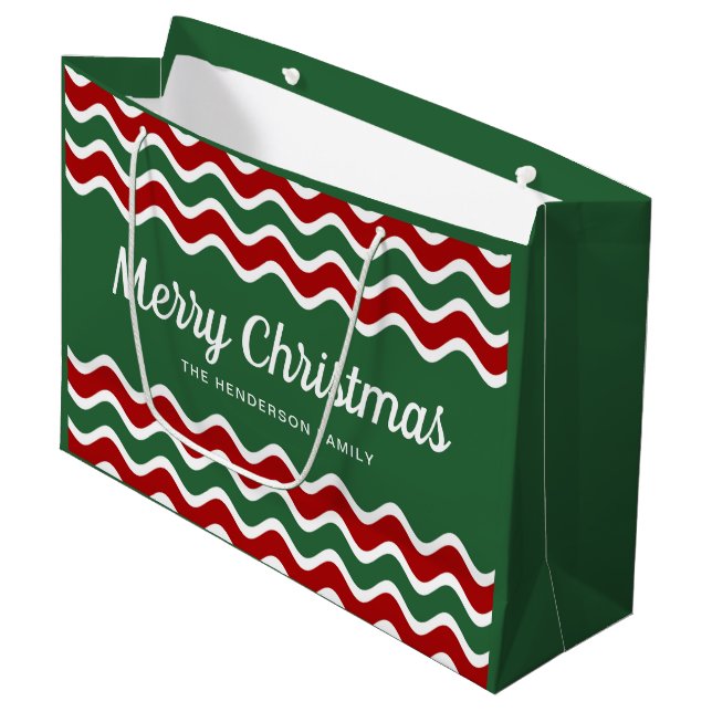 Modern Green And Red Stripes Merry Christmas Large Gift Bag (Front Angled)