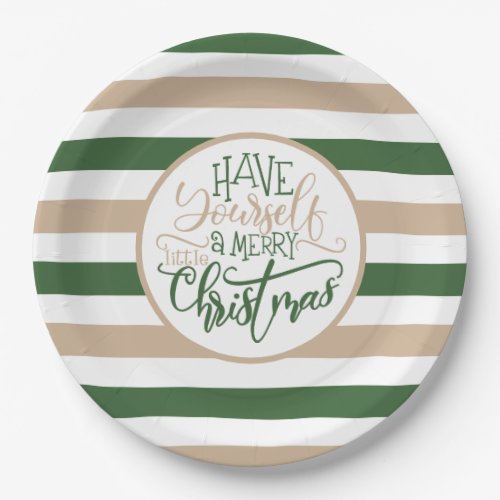 Modern Green and Tan Merry Christmas Striped Paper Plates