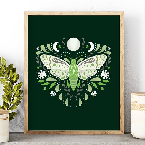 Modern Green And White Abstract Moth Illustration Poster