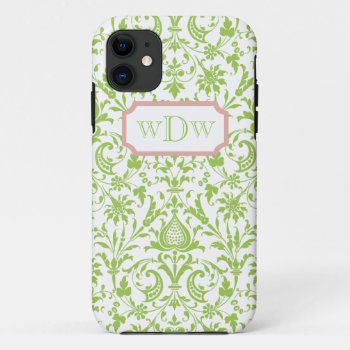 Modern Green And White Damask And Dusty Pink Frame Iphone 11 Case by JoyMerrymanStore at Zazzle