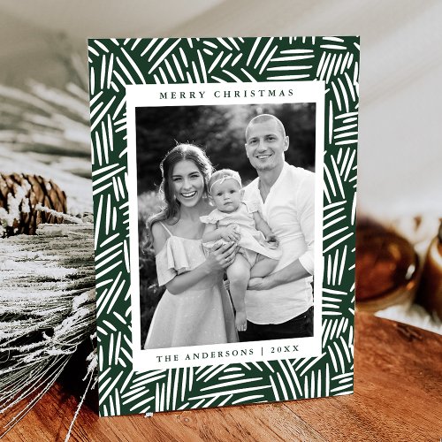 Modern Green and White Dashed Photo Holiday Card